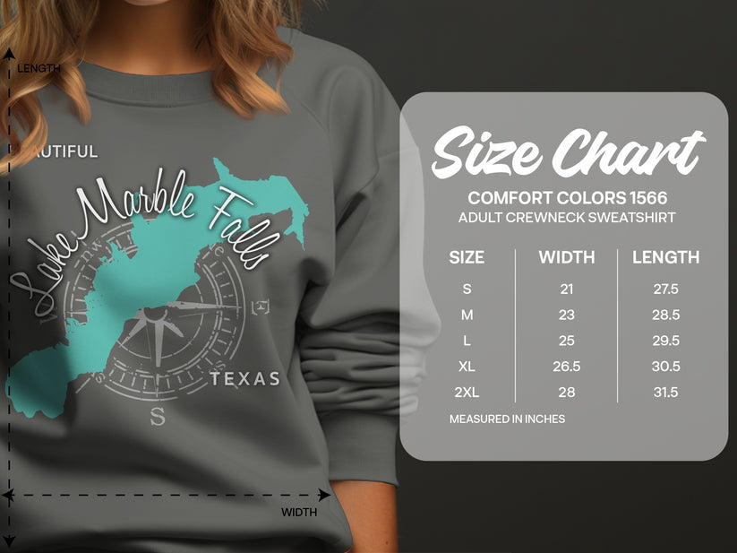 Size chart for Comfort Colors 1566 adult crewneck sweatshirt with measurements.