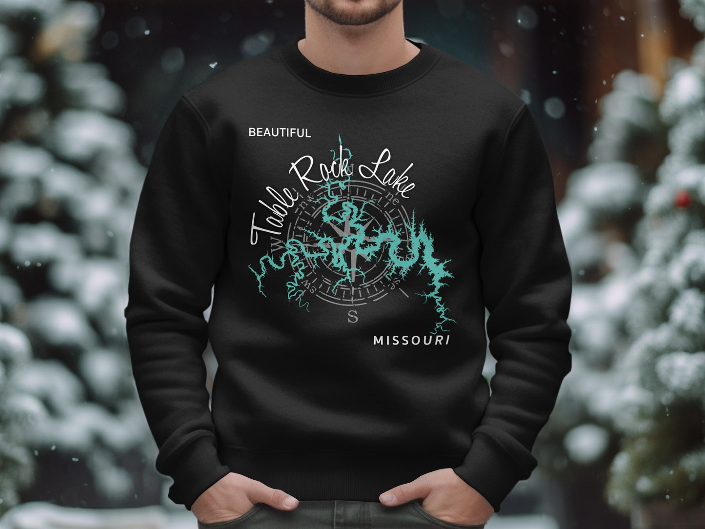 Black sweatshirt with a compass rose map of Table Rock Lake, Missouri.