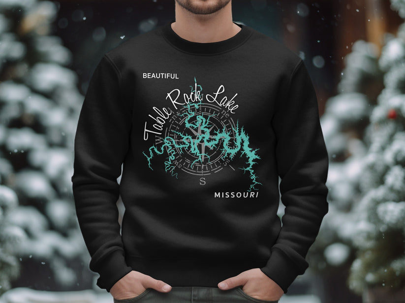 Black sweatshirt with a compass rose map of Table Rock Lake, Missouri.