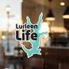 Turquoise lake outline sticker with "Lurteen Life" text on glass.