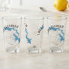 Three clear glasses featuring blue Lake Eufaula maps and compass designs.