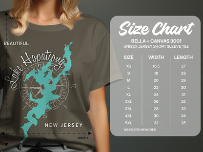 T-shirt graphic with Lake Hopatcong map and size chart for Bella + Canvas 3001 tee.