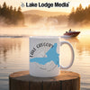 White mug with "Lake Gregory California" and a map outline on a lake background.
