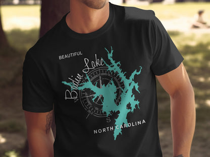 Black t-shirt with teal Bodkin Lake map and compass graphic.