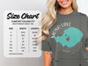 Comfort Colors 1717 heavyweight adult tee size chart with width and length measurements.