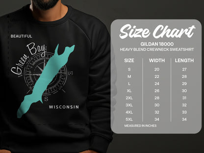 Crewneck sweatshirt with Green Bay Wisconsin map and size chart.