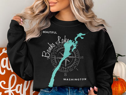 Black sweatshirt with a compass rose and the words "Beautiful Banks Lake Washington".