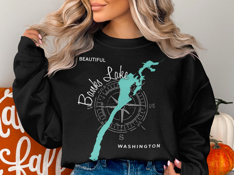 Black sweatshirt with a compass rose and the words "Beautiful Banks Lake Washington".