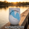 White stainless steel wine tumbler featuring a blue map of Lake Almanor, California, on a dock at sunset.