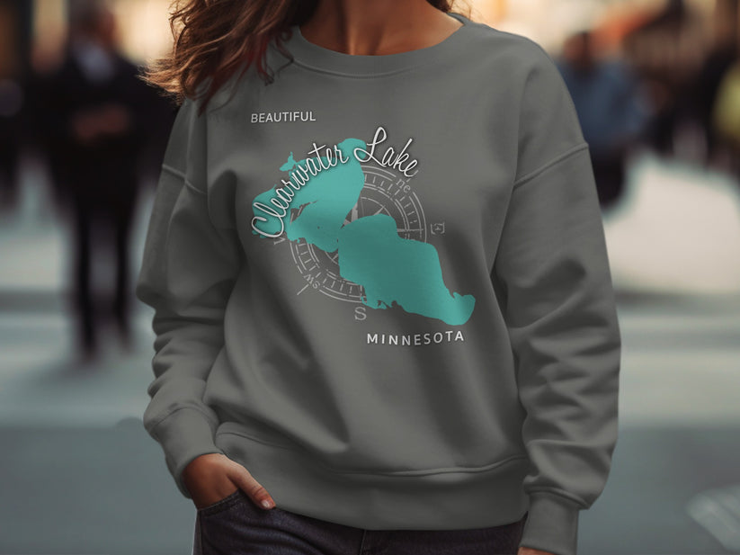 Grey sweatshirt featuring a turquoise map of Clearwater Lake, Minnesota.