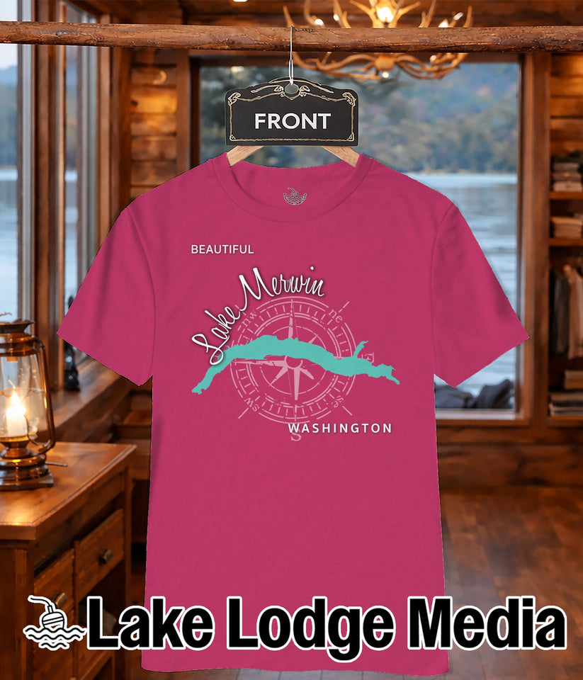 Pink t-shirt with a turquoise lake outline and compass rose, "Lake Merwin WASHINGTON".