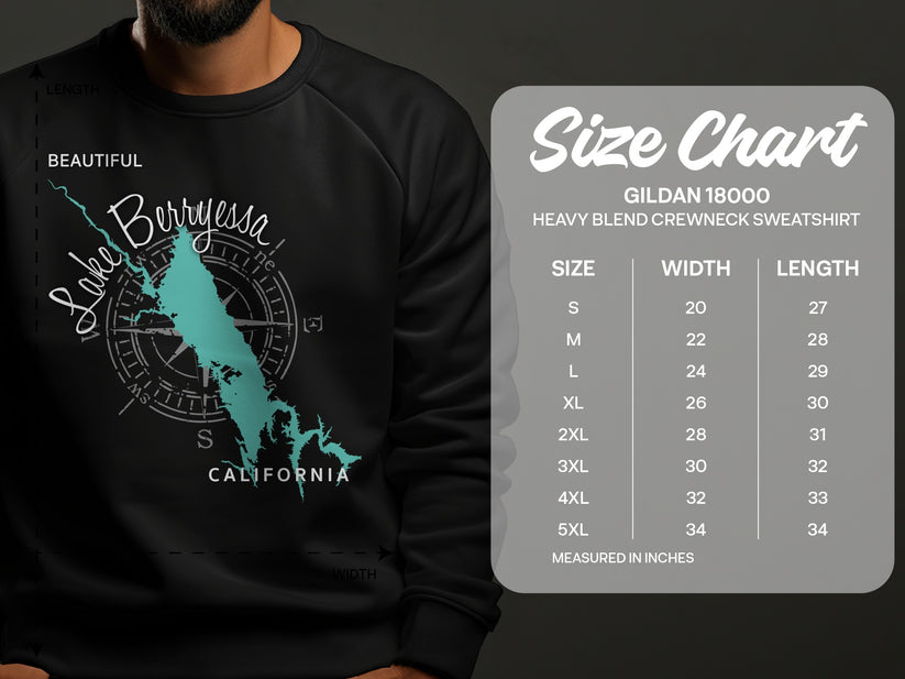 Black sweatshirt with Lake Berryessa map and Gildan 18000 size chart.