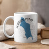 White mug with blue Jordan Pond map, compass, and "MAINE".