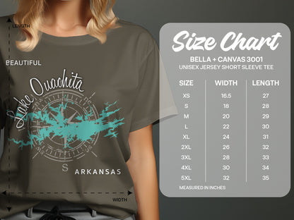 Woman wearing gray t-shirt with compass and Lake Ouachita, Arkansas graphic.