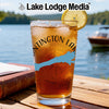 Glass of iced tea with lemon slice, featuring Huntington Lake map graphic.