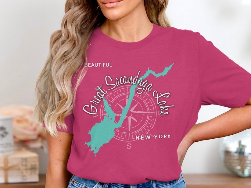 Pink t-shirt with a teal map of Great Sacandaga Lake and compass rose.