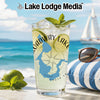 Tall glass with a refreshing drink, lime, mint, and lake map design.
