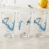 Three clear glasses with blue Lake Fork Texas map and compass design.