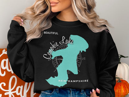 Black sweatshirt with teal outline of Canobie Lake, New Hampshire.