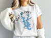 White t-shirt with Lake Murray Oklahoma map and compass graphic.
