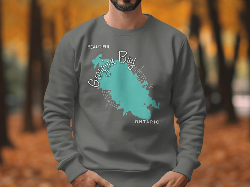 Grey sweatshirt with Georgian Bay Ontario map graphic and compass.