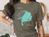 T-shirt with a turquoise outline of Lake Simcoe, Ontario map graphic.