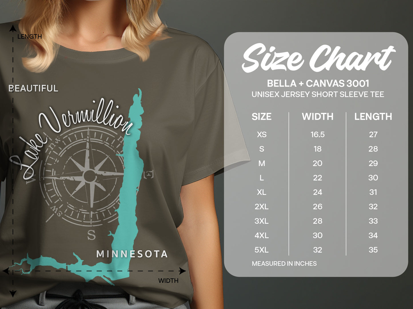 T-shirt size chart for Bella + Canvas 3001 featuring "Lake Vermillion Minnesota" graphic.