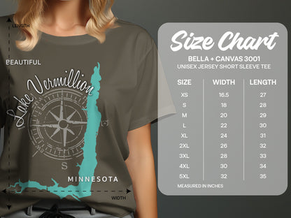T-shirt size chart for Bella + Canvas 3001 featuring "Lake Vermillion Minnesota" graphic.