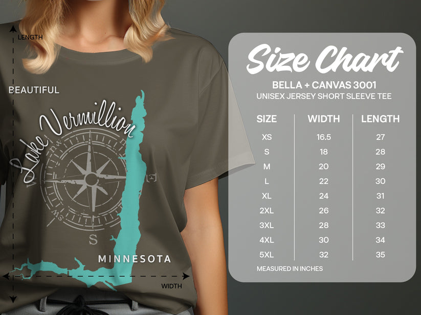 T-shirt size chart for Bella + Canvas 3001 featuring "Lake Vermillion Minnesota" graphic.