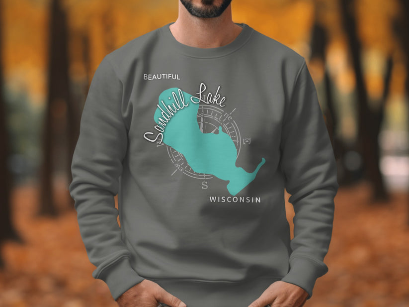 Grey sweatshirt with teal Sandhill Lake Wisconsin graphic and compass rose.