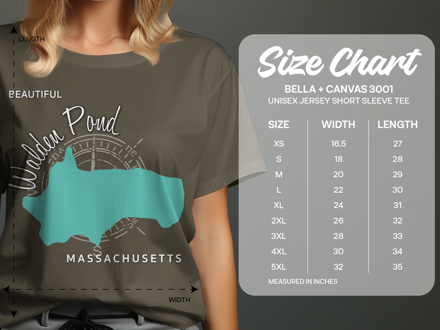 T-shirt displaying Walden Pond Massachusetts map and Bella + Canvas size chart.