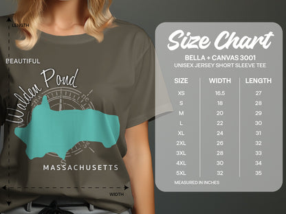 T-shirt displaying Walden Pond Massachusetts map and Bella + Canvas size chart.