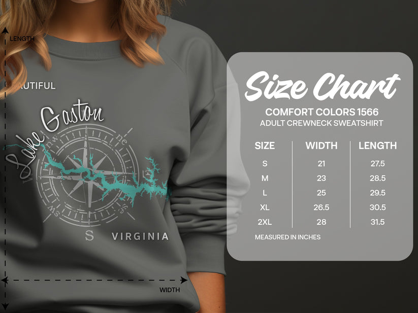 Size chart for Comfort Colors 1566 adult crewneck sweatshirt.