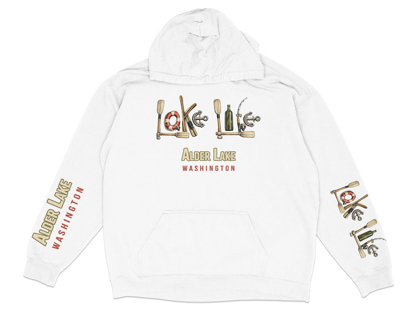 White hoodie with Alder Lake Washington graphic and nautical elements.