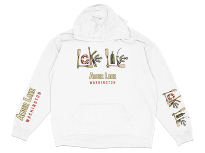 White hoodie with Alder Lake Washington graphic and nautical elements.