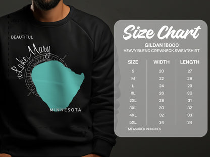 Lake Mary Minnesota sweatshirt with Gildan 18000 size chart.