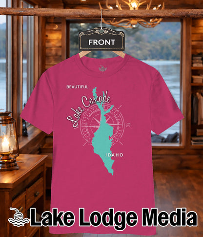 Pink t-shirt with a compass rose and "Lake Cascade Idaho" design.