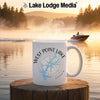 White mug with "West Point Lake Georgia" and compass design on a lake background.