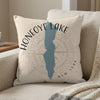 Pillow with Honeoye Lake map and compass design in New York.