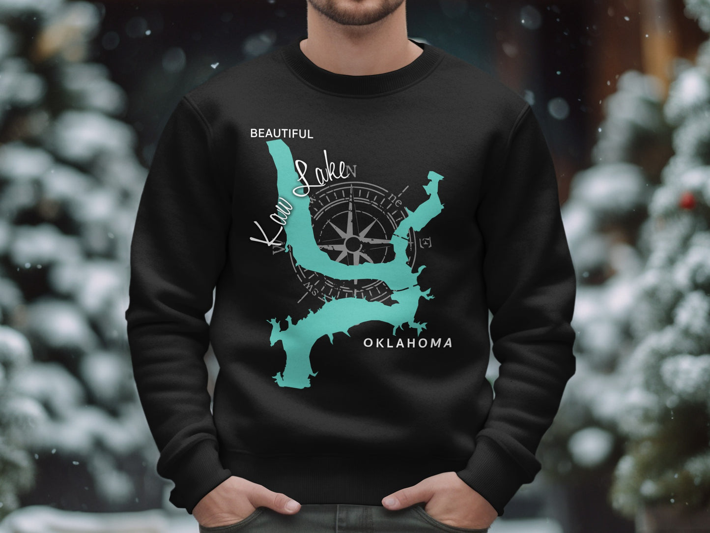 Black sweatshirt with a teal map of Kaw Lake, Oklahoma and compass rose.