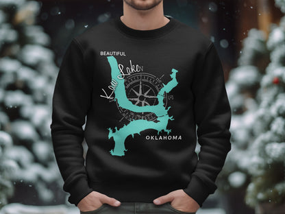 Black sweatshirt with a teal map of Kaw Lake, Oklahoma and compass rose.