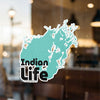 Turquoise shaped sticker with black text "Indian Life" and Lake Lodge Media LLC copyright.