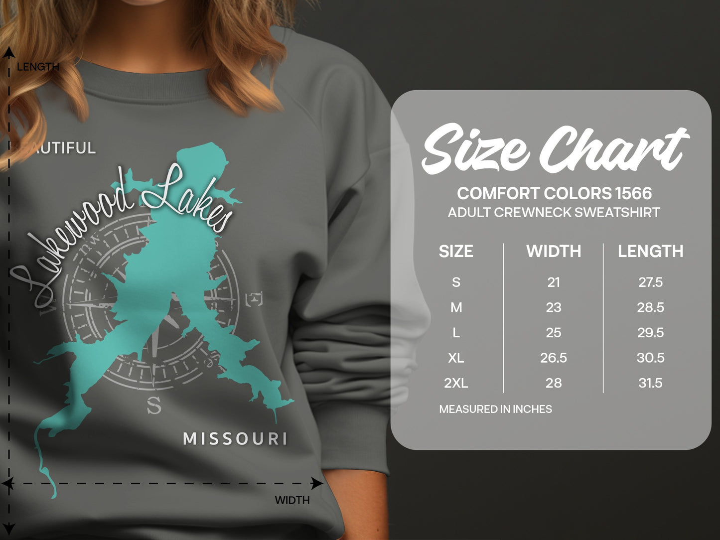 Crewneck sweatshirt size chart for Lakewood Lakes Missouri.