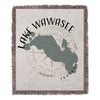 Lake Wawasee Indiana map design woven throw blanket with fringed edges.