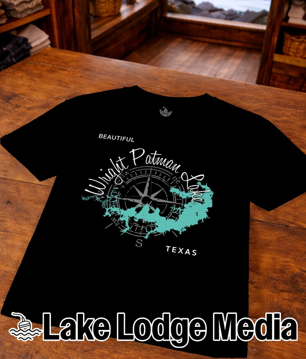 Black t-shirt with a compass rose and "Beautiful Wright Patman Lake Texas" text.
