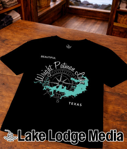 Black t-shirt with a compass rose and "Beautiful Wright Patman Lake Texas" text.