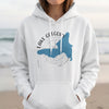 White hoodie with blue Lake Gregory California map and compass design.