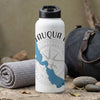 White water bottle with label "Chautauqua Lake" and blue map silhouette.