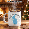 White mug with Lake Monticello, South Carolina map and compass design.