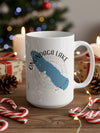 White mug with Onondaga Lake and compass design, New York text.